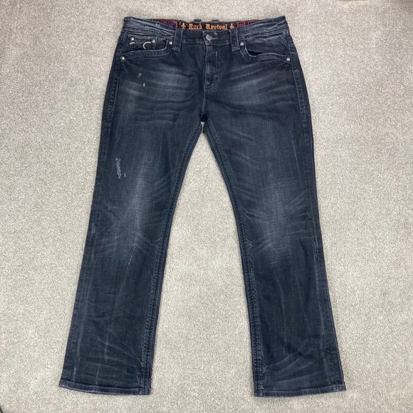 Rock Revival Nathan Straight Jeans Men 40x32 Black Distressed Stretch Y2K Denim